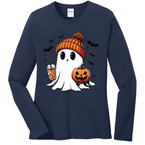 Cute Ghost Drinking Coffee Halloween Ghost Ice Coffee Ladies Long Sleeve Shirt