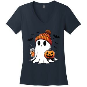 Cute Ghost Drinking Coffee Halloween Ghost Ice Coffee Women's V-Neck T-Shirt