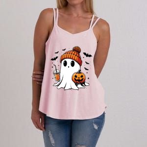 Cute Ghost Drinking Coffee Halloween Ghost Ice Coffee Women's Strappy Tank