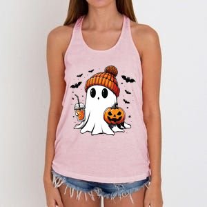 Cute Ghost Drinking Coffee Halloween Ghost Ice Coffee Women's Knotted Racerback Tank