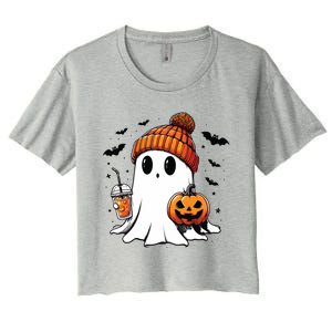 Cute Ghost Drinking Coffee Halloween Ghost Ice Coffee Women's Crop Top Tee