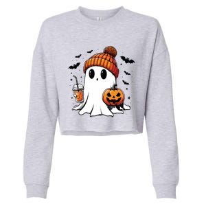 Cute Ghost Drinking Coffee Halloween Ghost Ice Coffee Cropped Pullover Crew