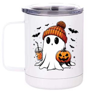 Cute Ghost Drinking Coffee Halloween Ghost Ice Coffee 12 oz Stainless Steel Tumbler Cup