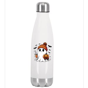 Cute Ghost Drinking Coffee Halloween Ghost Ice Coffee Stainless Steel Insulated Water Bottle