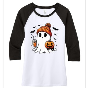 Cute Ghost Drinking Coffee Halloween Ghost Ice Coffee Women's Tri-Blend 3/4-Sleeve Raglan Shirt