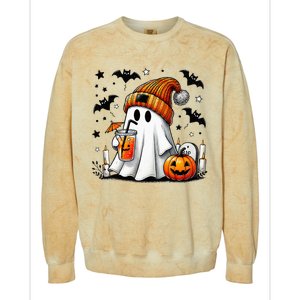 Cute Ghost Drinking Coffee Halloween Ghost Coffee Colorblast Crewneck Sweatshirt