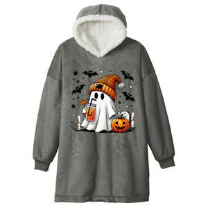 Cute Ghost Drinking Coffee Halloween Ghost Coffee Hooded Wearable Blanket