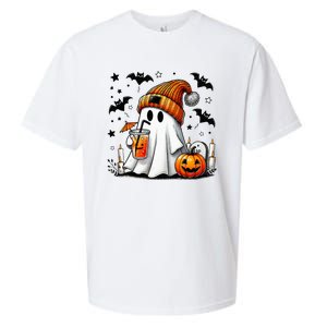 Cute Ghost Drinking Coffee Halloween Ghost Coffee Sueded Cloud Jersey T-Shirt