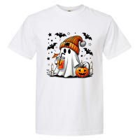 Cute Ghost Drinking Coffee Halloween Ghost Coffee Garment-Dyed Heavyweight T-Shirt