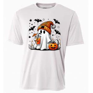 Cute Ghost Drinking Coffee Halloween Ghost Coffee Cooling Performance Crew T-Shirt