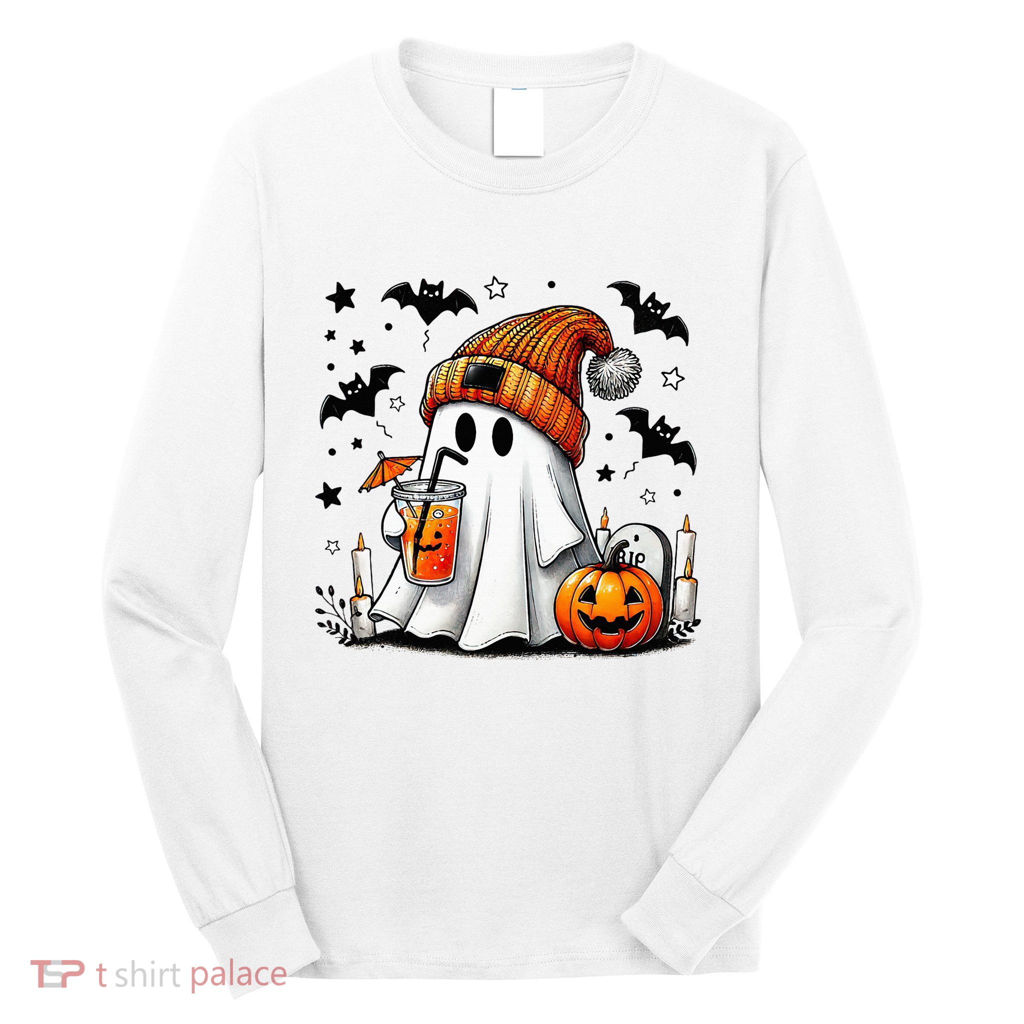 Cute Ghost Drinking Coffee Halloween Ghost Coffee Long Sleeve Shirt