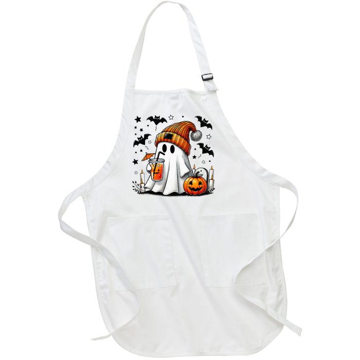 Cute Ghost Drinking Coffee Halloween Ghost Coffee Full-Length Apron With Pockets