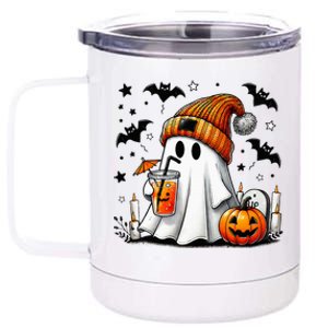 Cute Ghost Drinking Coffee Halloween Ghost Coffee 12 oz Stainless Steel Tumbler Cup