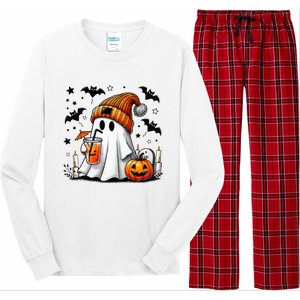 Cute Ghost Drinking Coffee Halloween Ghost Coffee Long Sleeve Pajama Set