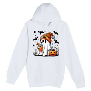 Cute Ghost Drinking Coffee Halloween Ghost Coffee Premium Pullover Hoodie