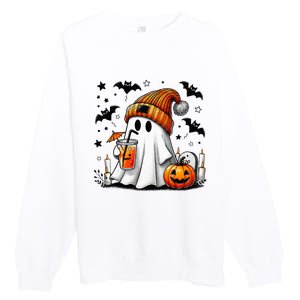 Cute Ghost Drinking Coffee Halloween Ghost Coffee Premium Crewneck Sweatshirt