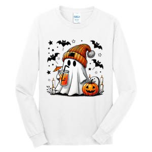 Cute Ghost Drinking Coffee Halloween Ghost Coffee Tall Long Sleeve T-Shirt