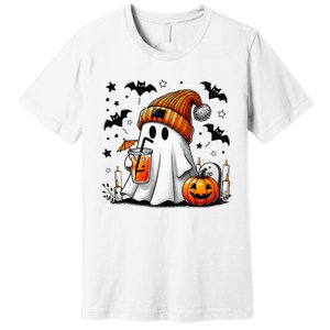 Cute Ghost Drinking Coffee Halloween Ghost Coffee Premium T-Shirt