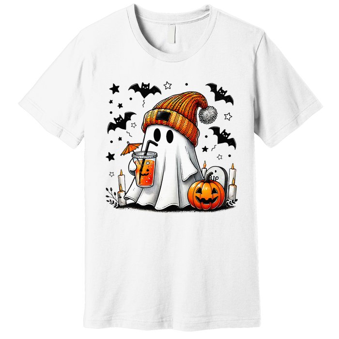 Cute Ghost Drinking Coffee Halloween Ghost Coffee Premium T-Shirt