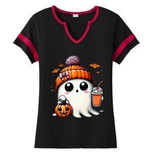 Cute Ghost Drinking Coffee Halloween Ghost Ice Coffee Ladies Halftime Notch Neck Tee