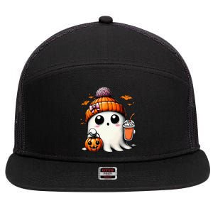 Cute Ghost Drinking Coffee Halloween Ghost Ice Coffee 7 Panel Mesh Trucker Snapback Hat