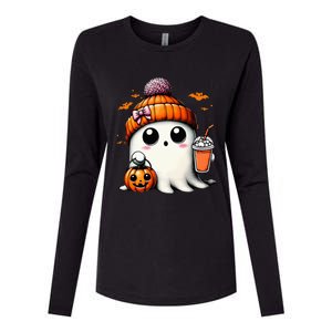 Cute Ghost Drinking Coffee Halloween Ghost Ice Coffee Womens Cotton Relaxed Long Sleeve T-Shirt