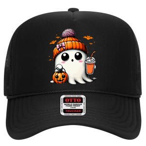 Cute Ghost Drinking Coffee Halloween Ghost Ice Coffee High Crown Mesh Back Trucker Hat