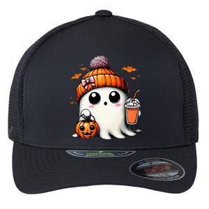 Cute Ghost Drinking Coffee Halloween Ghost Ice Coffee Flexfit Unipanel Trucker Cap