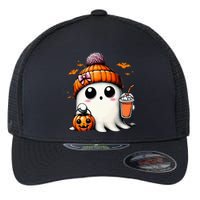 Cute Ghost Drinking Coffee Halloween Ghost Ice Coffee Flexfit Unipanel Trucker Cap