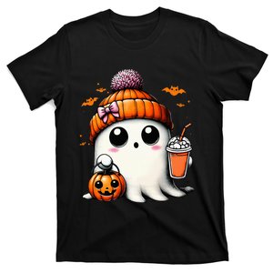 Cute Ghost Drinking Coffee Halloween Ghost Ice Coffee T-Shirt