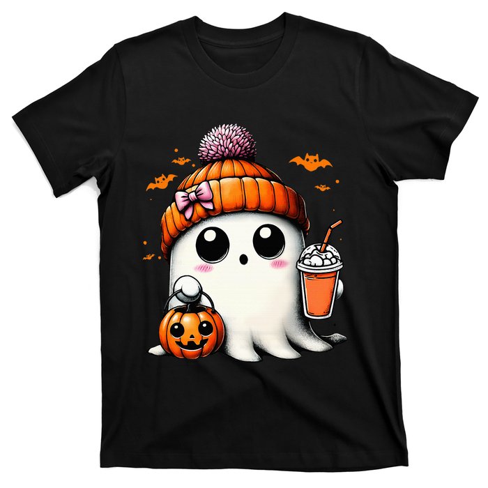 Cute Ghost Drinking Coffee Halloween Ghost Ice Coffee T-Shirt