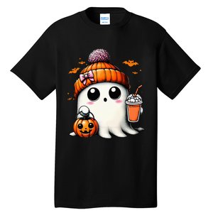 Cute Ghost Drinking Coffee Halloween Ghost Ice Coffee Tall T-Shirt