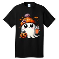 Cute Ghost Drinking Coffee Halloween Ghost Ice Coffee Tall T-Shirt