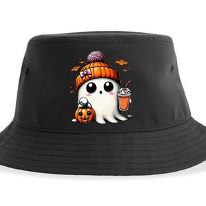 Cute Ghost Drinking Coffee Halloween Ghost Ice Coffee Sustainable Bucket Hat