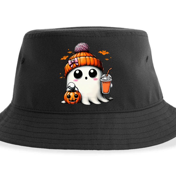 Cute Ghost Drinking Coffee Halloween Ghost Ice Coffee Sustainable Bucket Hat