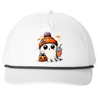 Cute Ghost Drinking Coffee Halloween Ghost Ice Coffee Snapback Five-Panel Rope Hat