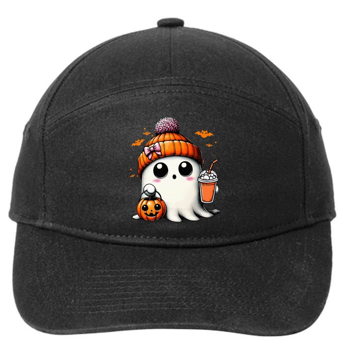 Cute Ghost Drinking Coffee Halloween Ghost Ice Coffee 7-Panel Snapback Hat