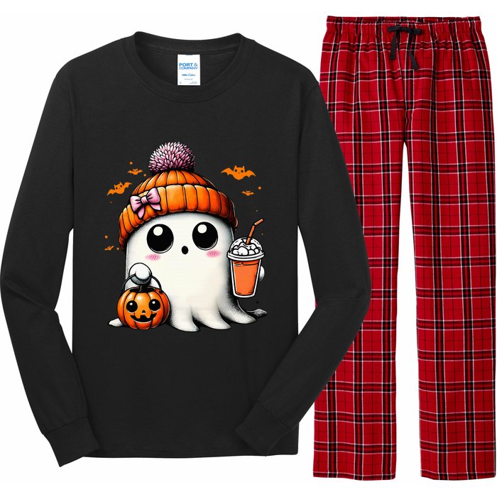 Cute Ghost Drinking Coffee Halloween Ghost Ice Coffee Long Sleeve Pajama Set