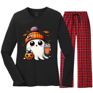 Cute Ghost Drinking Coffee Halloween Ghost Ice Coffee Women's Long Sleeve Flannel Pajama Set 