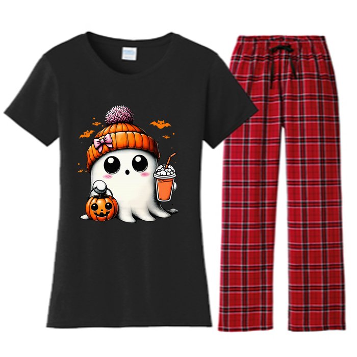 Cute Ghost Drinking Coffee Halloween Ghost Ice Coffee Women's Flannel Pajama Set