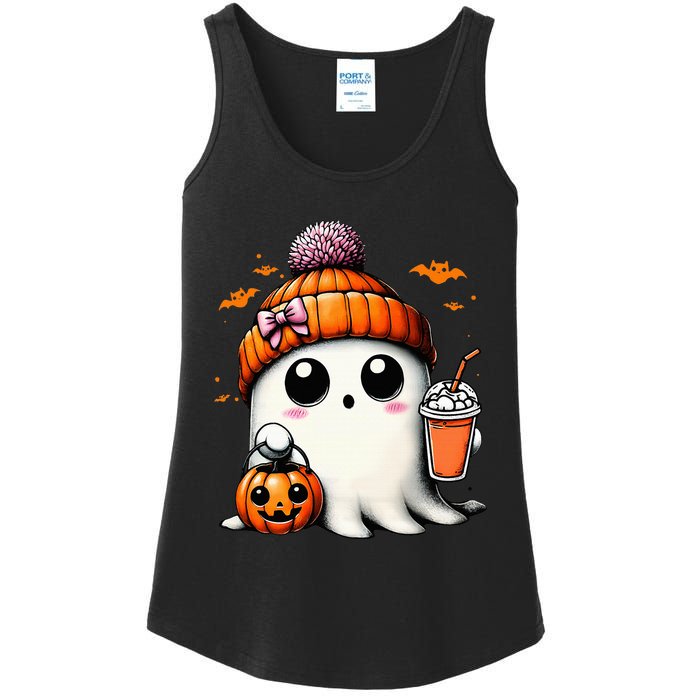 Cute Ghost Drinking Coffee Halloween Ghost Ice Coffee Ladies Essential Tank