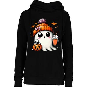 Cute Ghost Drinking Coffee Halloween Ghost Ice Coffee Womens Funnel Neck Pullover Hood