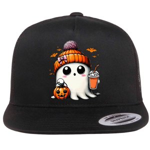 Cute Ghost Drinking Coffee Halloween Ghost Ice Coffee Flat Bill Trucker Hat