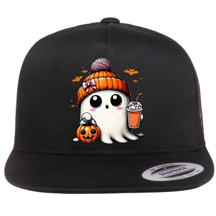 Cute Ghost Drinking Coffee Halloween Ghost Ice Coffee Flat Bill Trucker Hat