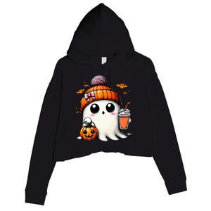 Cute Ghost Drinking Coffee Halloween Ghost Ice Coffee Crop Fleece Hoodie