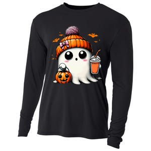 Cute Ghost Drinking Coffee Halloween Ghost Ice Coffee Cooling Performance Long Sleeve Crew