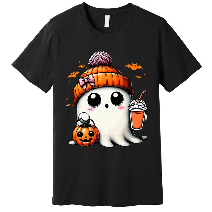 Cute Ghost Drinking Coffee Halloween Ghost Ice Coffee Premium T-Shirt