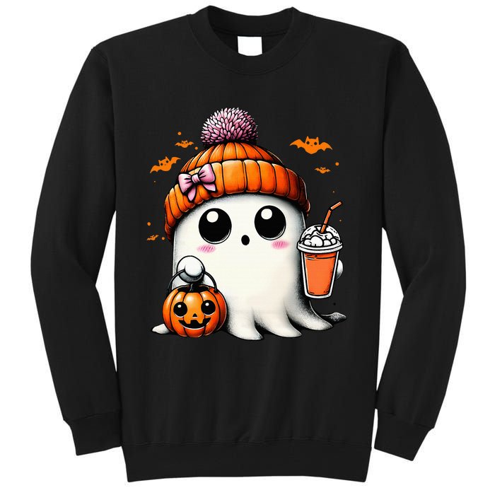 Cute Ghost Drinking Coffee Halloween Ghost Ice Coffee Tall Sweatshirt