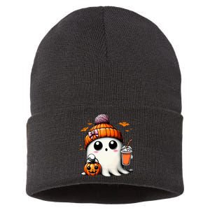 Cute Ghost Drinking Coffee Halloween Ghost Ice Coffee Sustainable Knit Beanie