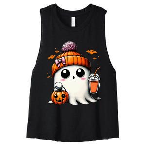 Cute Ghost Drinking Coffee Halloween Ghost Ice Coffee Women's Racerback Cropped Tank